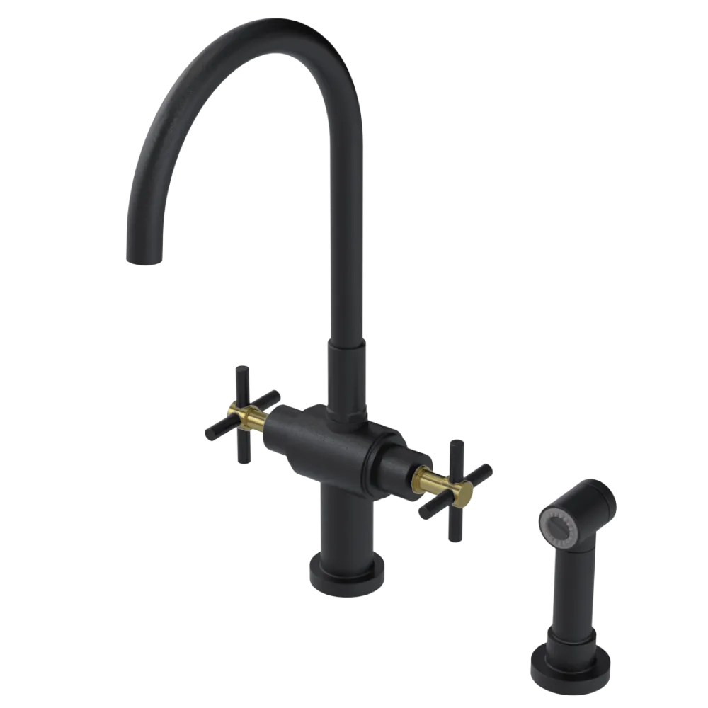 Rubinet Two Handle Single Hole Kitchen Set with LaSalle Spout with Hand Spray Matt Black