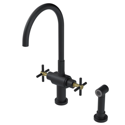 Rubinet Two Handle Single Hole Kitchen Set with LaSalle Spout with Hand Spray Matt Black