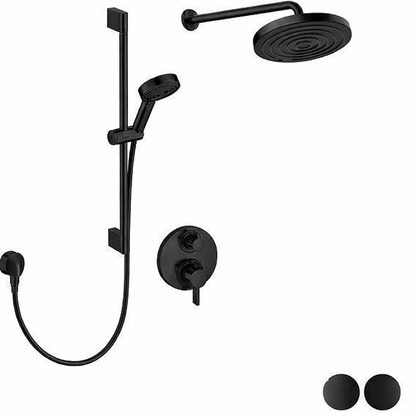 Black shower set with rain shower head, handheld shower, and control valve on a white background