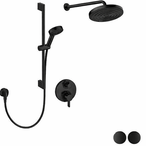 Black shower set with rain shower head, handheld shower, and control valve on a white background