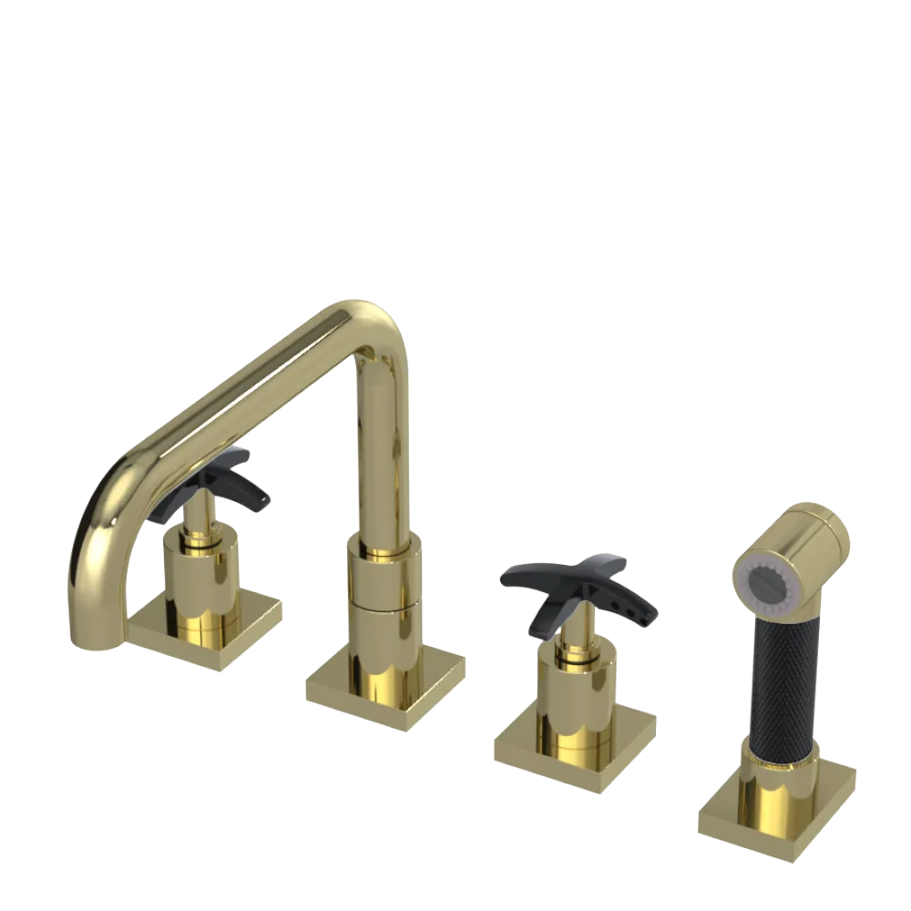 Rubinet Widespread Kitchen Set with Genesis Spout with Hand Spray Gold