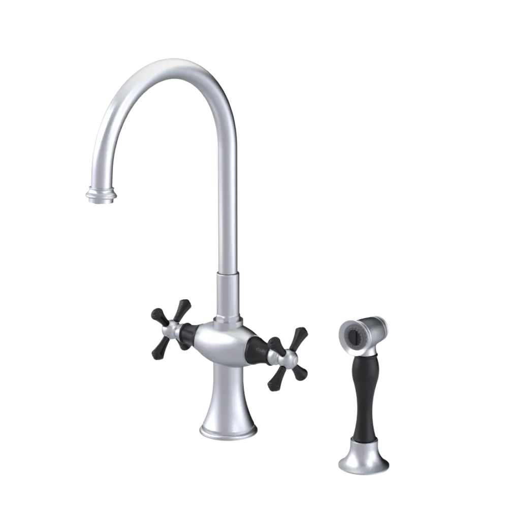 Rubinet Two Handle Single Hole Kitchen Set with Hand Spray Satin Chrome