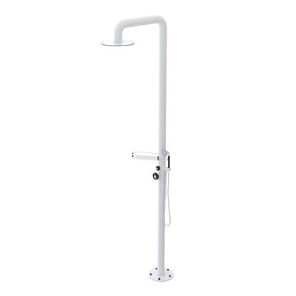Rubinet Pressure Balance Outdoor Shower with Hand Held Shower & 10" Shower Head (with shelf) - 304 Stainless Steel White