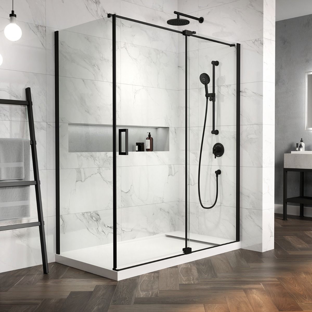 Kalia DISTINK 42” x 77” pivot shower door with 36” return panel - KP protective film – DR1744/DR1749-160-005