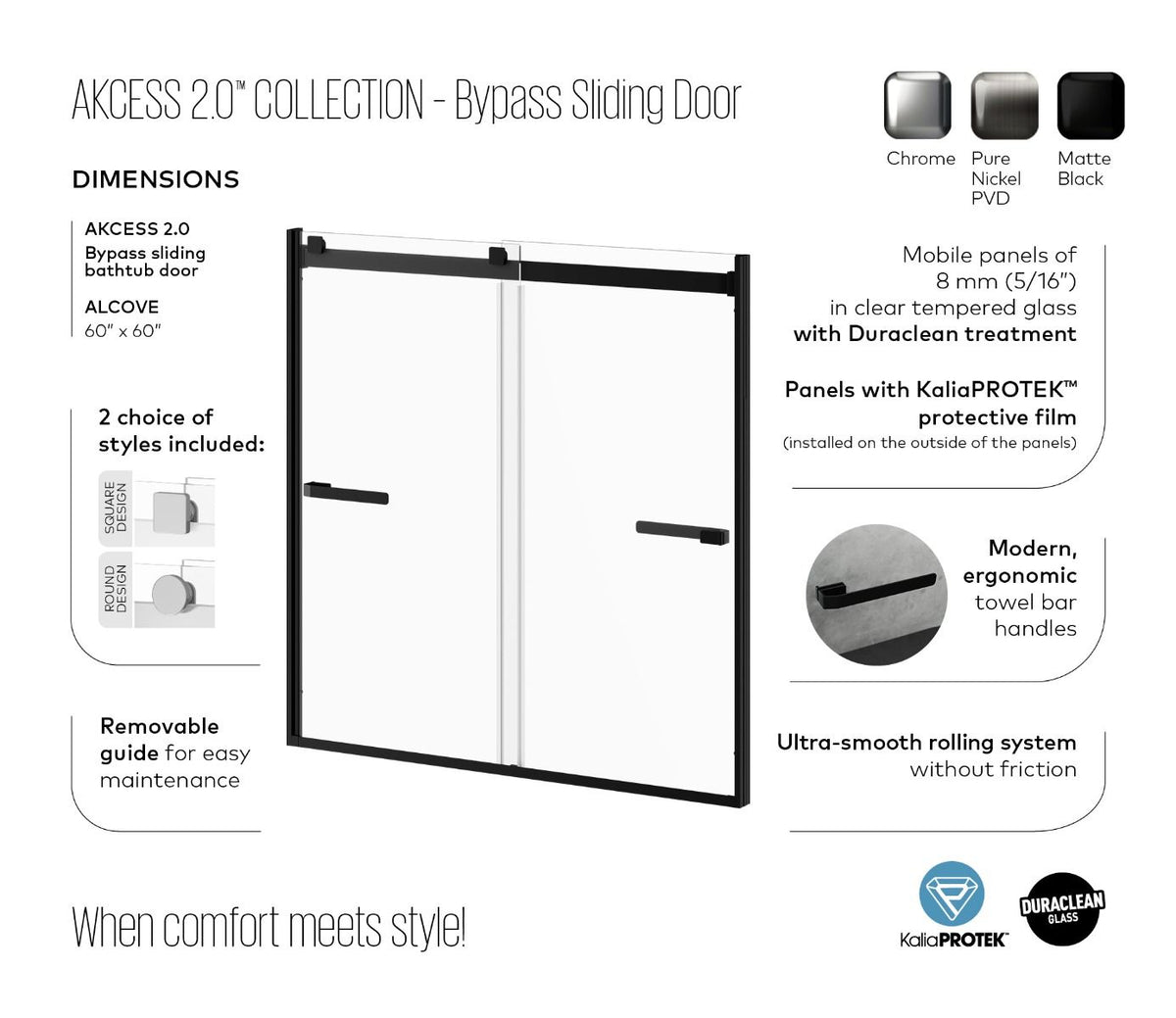 Kalia AKCESS 2.0 60” x 60” sliding shower door for bathtub - KP protective film – DR2075-125-005