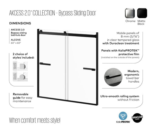 Kalia AKCESS 2.0 60” x 60” sliding shower door for bathtub - KP protective film – DR2075-110-005