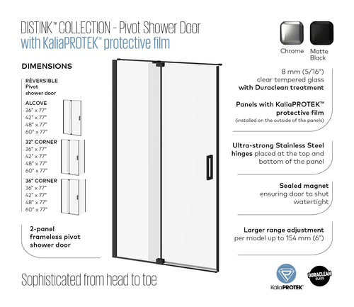 Kalia DISTINK 48” x 77” pivot shower door with KaliaPROTEK protective film - Chrome – DR1740-110-005