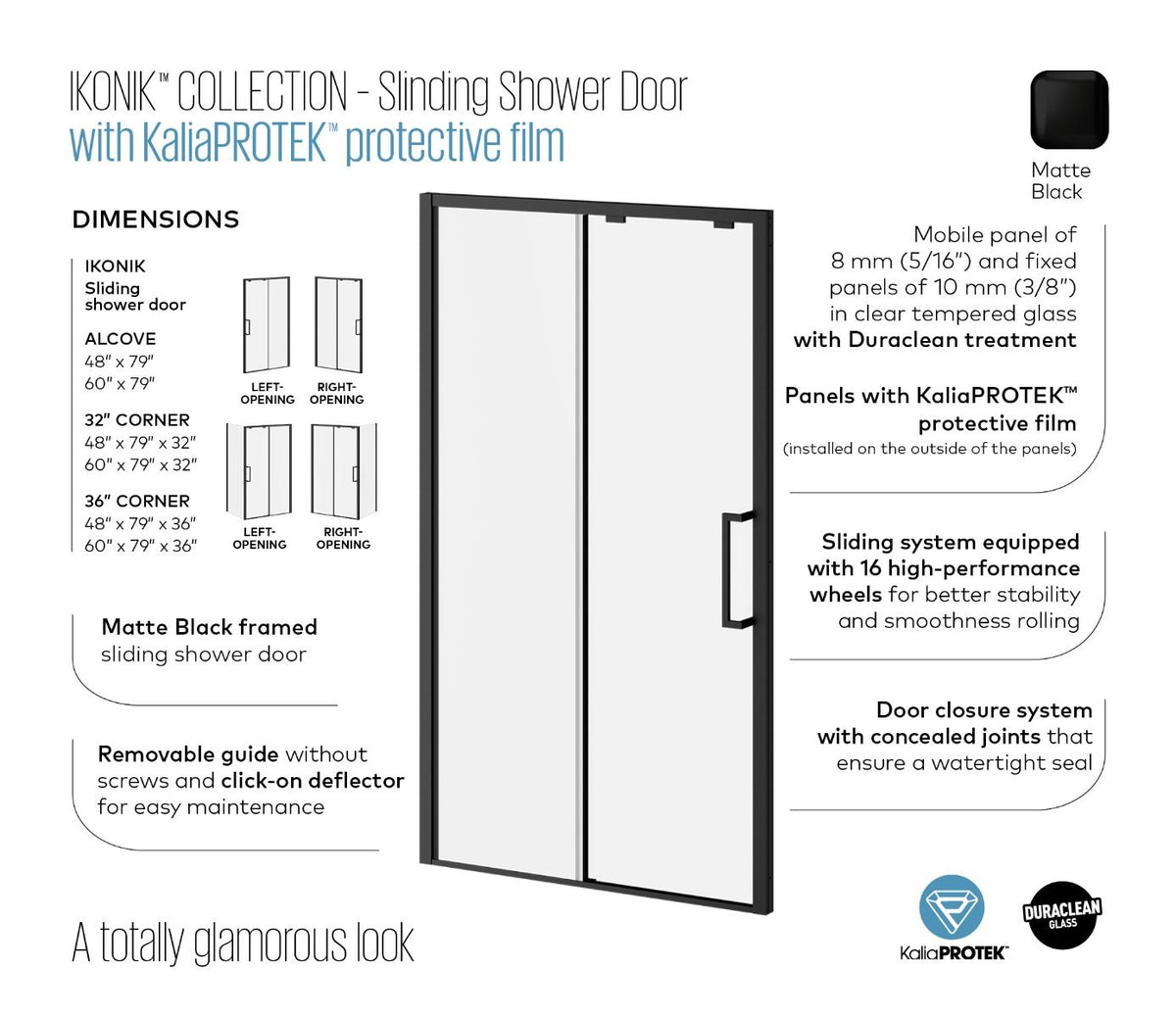 Kalia IKONIK 48” x 79” sliding shower door with 32" return panel - KP protective film - Right opening – DR2184-160-005/DR1843-160-003