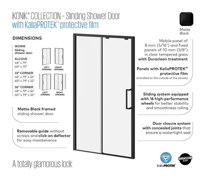 Kalia IKONIK 48” x 79” sliding shower door with 36" return panel - KP protective film - Right opening – DR2184-160-005/DR1844-160-005