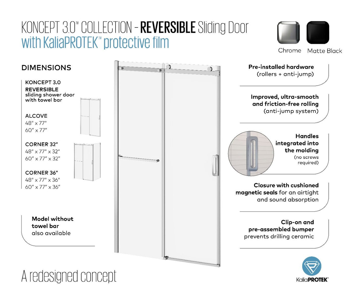 Kalia K3 60x 77” sliding shower door with 36" return panel and towel bar - KP protective film – DR2058-004/DR2059-160-004-001/DR2060-160-004