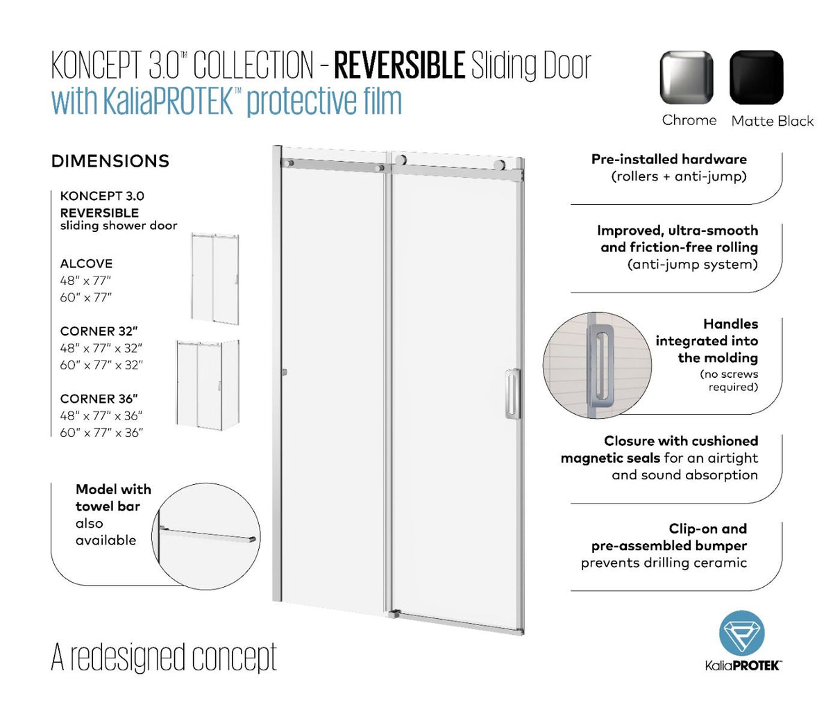 Kalia K3 48 x 77” sliding shower door with 32" return panel - KP protective film – DR2057-110-004/DR2061-110-004