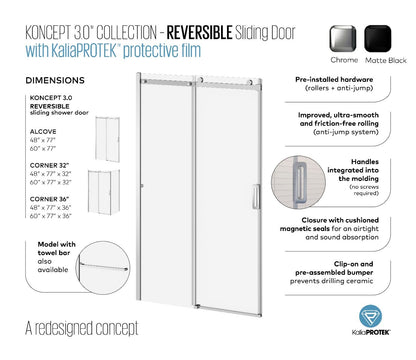 Kalia K3 48 x 77” sliding shower door with 32" return panel - KP protective film – DR2057-110-004/DR2061-110-004