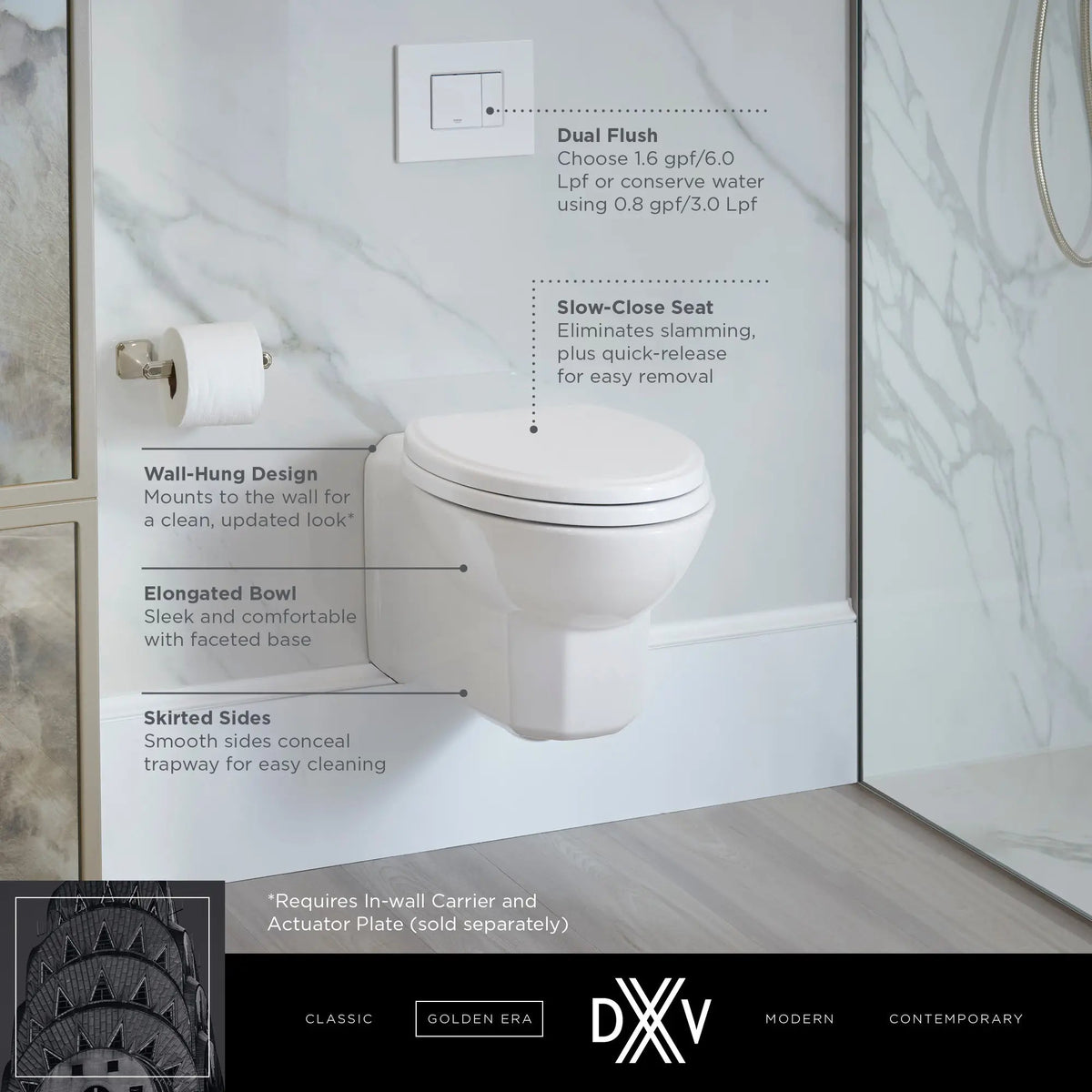 DXV Belshire® Wall-Hung Elongated Toilet Bowl with Seat – Canvas White
