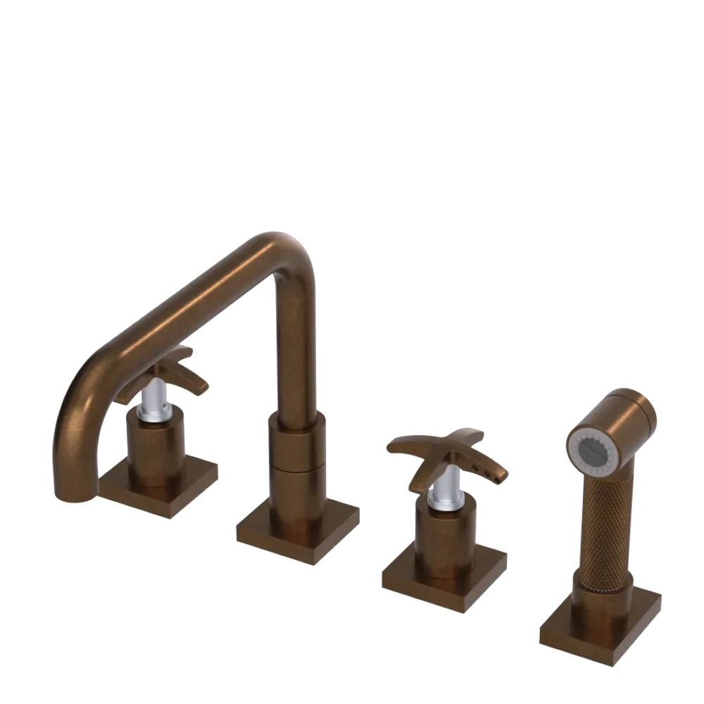 Rubinet Widespread Kitchen Set with Genesis Spout with Hand Spray Tuscan Brass
