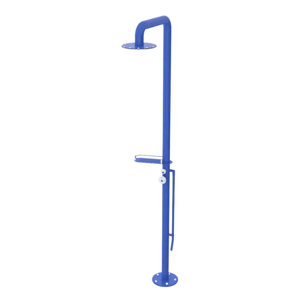 Rubinet Pressure Balance Outdoor Shower with Foot Rinse & 10" Shower Head (with shelf) - 304 Stainless Steel Blu Jean