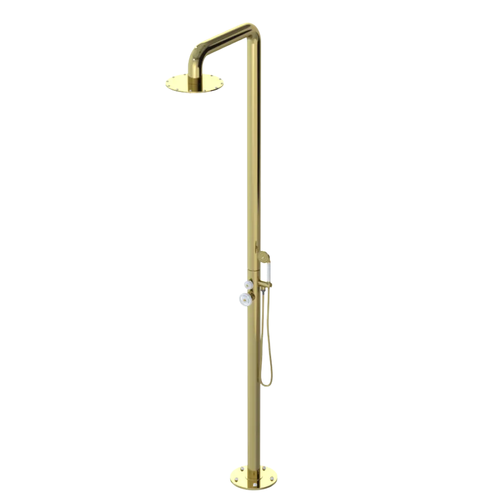 Rubinet Pressure Balance Outdoor Shower with Hand Held Shower & 10" Shower Head - 304 Stainless Steel Bright Brass