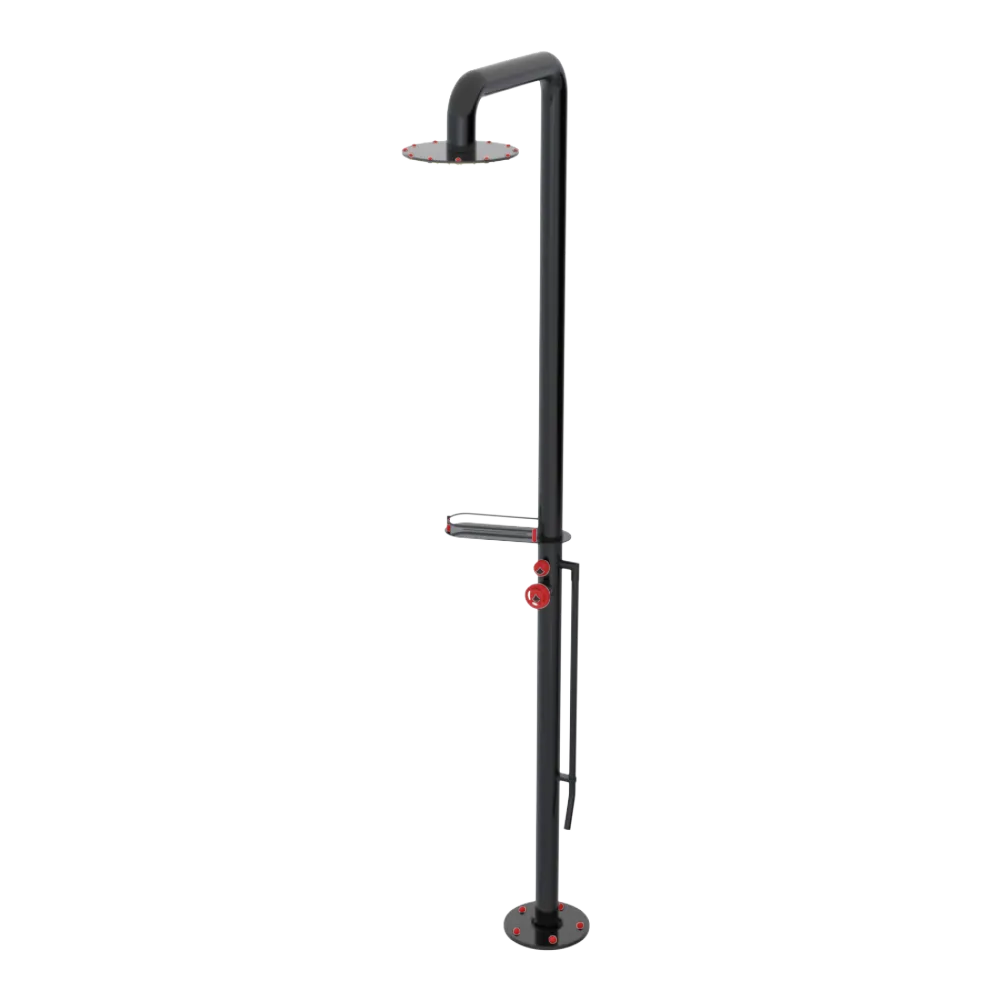 Rubinet Pressure Balance Outdoor Shower with Foot Rinse & 10" Shower Head (with shelf) - 304 Stainless Steel Black