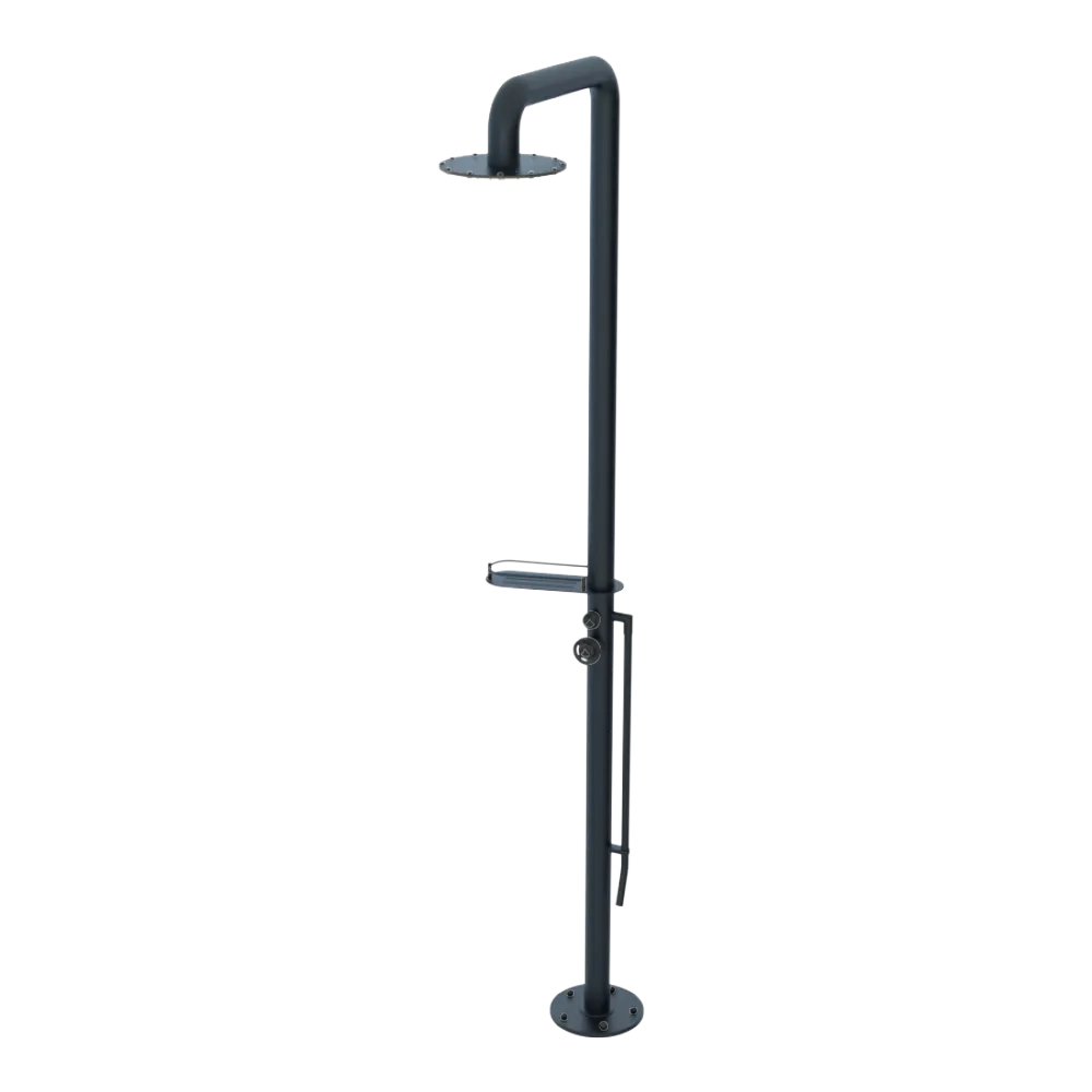Rubinet Pressure Balance Outdoor Shower with Foot Rinse & 10" Shower Head (with shelf) - 304 Stainless Steel Matt Black