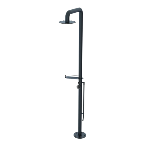 Rubinet Pressure Balance Outdoor Shower with Foot Rinse & 10" Shower Head (with shelf) - 304 Stainless Steel Matt Black