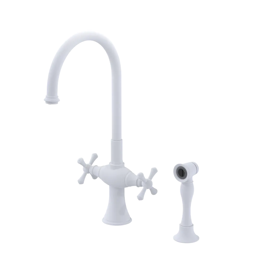 Rubinet Two Handle Single Hole Kitchen Set with Hand Spray Matt White