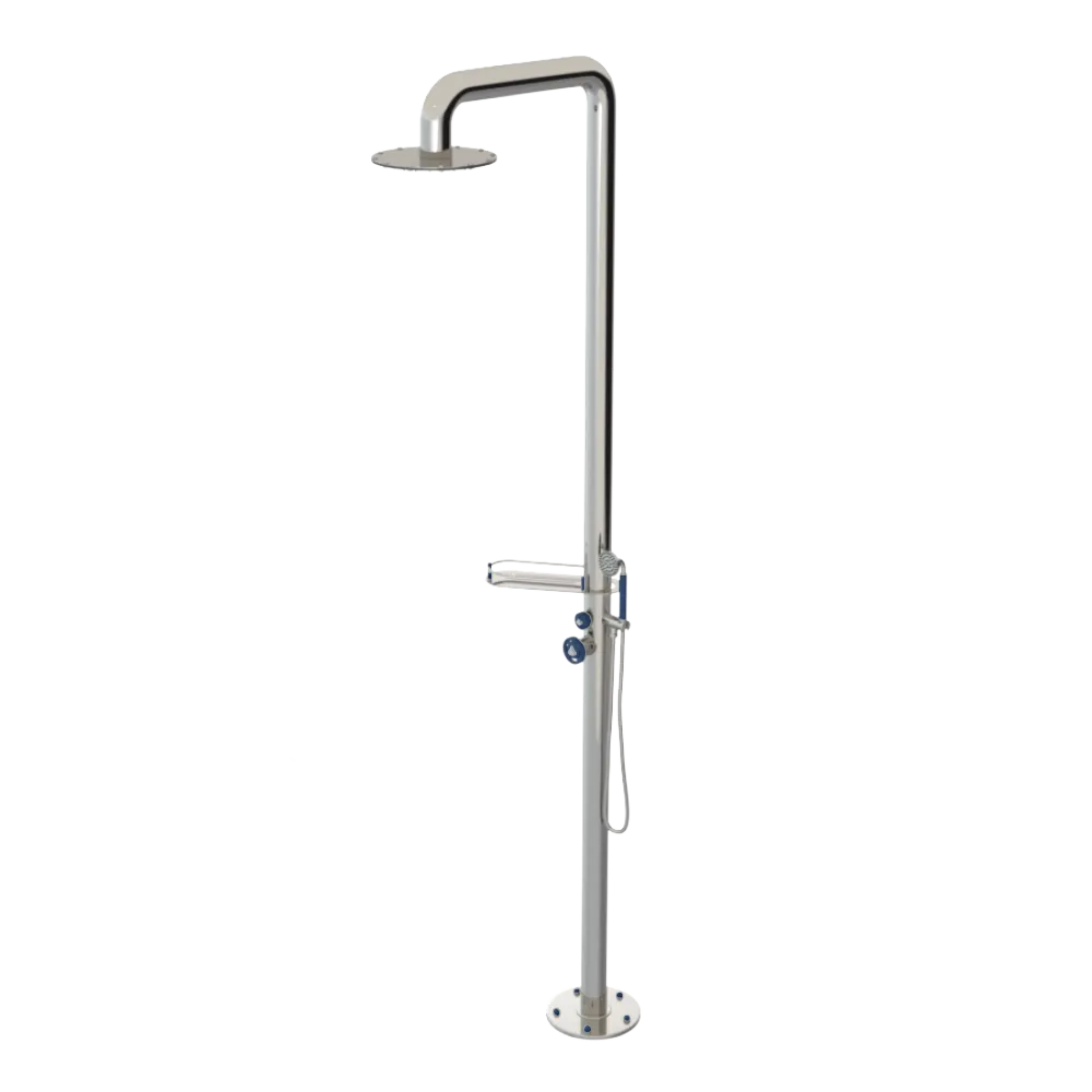 Rubinet Pressure Balance Outdoor Shower with Hand Held Shower & 10" Shower Head (with shelf) - 304 Stainless Steel Polished Nickel