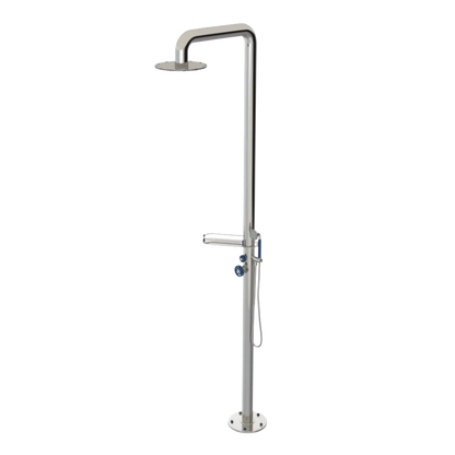 Rubinet Pressure Balance Outdoor Shower with Hand Held Shower & 10" Shower Head (with shelf) - 304 Stainless Steel Polished Nickel