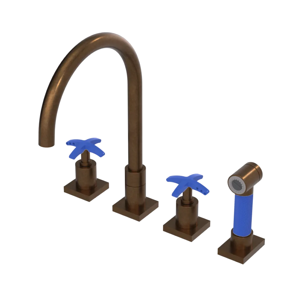 Rubinet Widespread Kitchen Set with Hand Spray Tuscan Brass