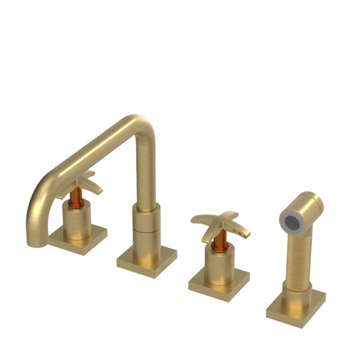 Rubinet Widespread Kitchen Set with Genesis Spout with Hand Spray Satin Gold