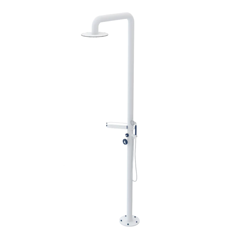 Rubinet Pressure Balance Outdoor Shower with Hand Held Shower & 10" Shower Head (with shelf) - 304 Stainless Steel Matt White