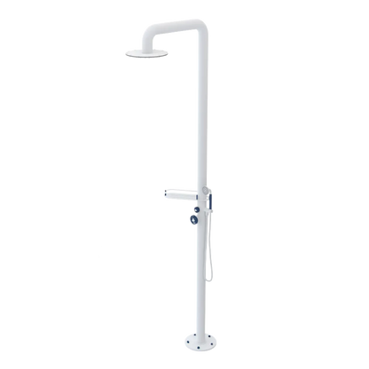 Rubinet Pressure Balance Outdoor Shower with Hand Held Shower & 10" Shower Head (with shelf) - 304 Stainless Steel Matt White