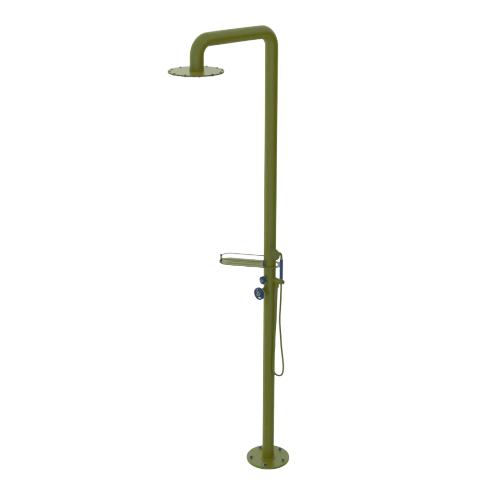 Rubinet Pressure Balance Outdoor Shower with Hand Held Shower & 10" Shower Head (with shelf) - 304 Stainless Steel Green Envy