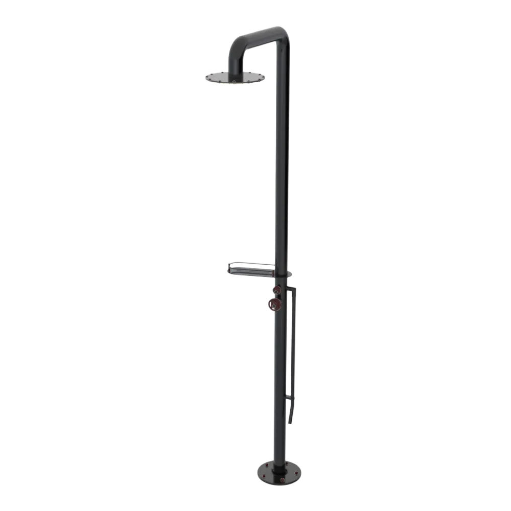 Rubinet Pressure Balance Outdoor Shower with Foot Rinse & 10" Shower Head (with shelf) - 304 Stainless Steel Black
