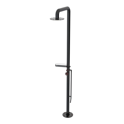 Rubinet Pressure Balance Outdoor Shower with Foot Rinse & 10" Shower Head (with shelf) - 304 Stainless Steel Black
