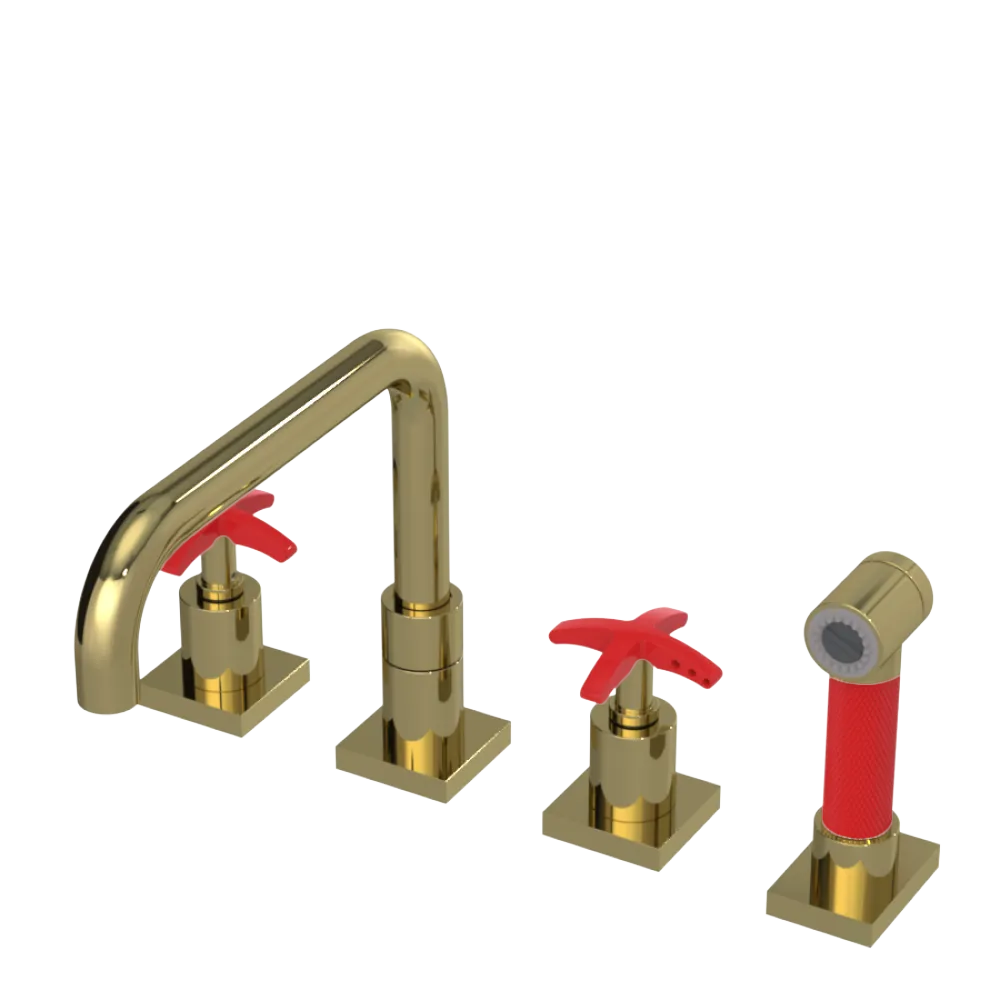 Rubinet Widespread Kitchen Set with Genesis Spout with Hand Spray Natural Brass