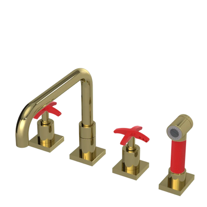 Rubinet Widespread Kitchen Set with Genesis Spout with Hand Spray Natural Brass
