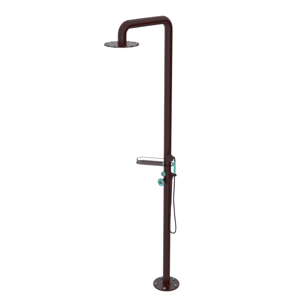 Rubinet Pressure Balance Outdoor Shower with Hand Held Shower & 10" Shower Head (with shelf) - 304 Stainless Steel Bordeaux