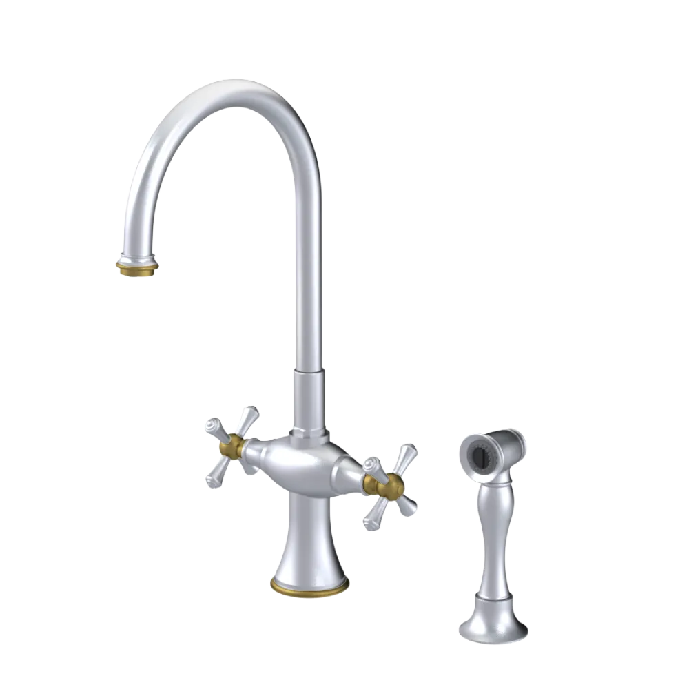 Rubinet Two Handle Single Hole Kitchen Set with Hand Spray Satin Chrome