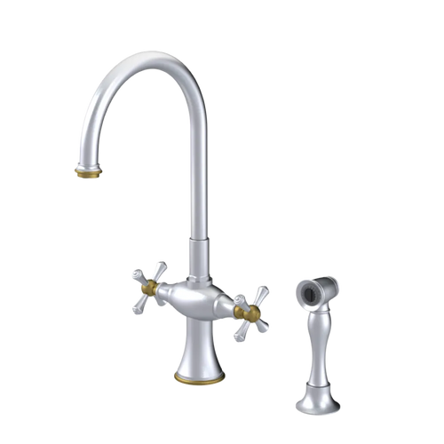 Rubinet Two Handle Single Hole Kitchen Set with Hand Spray Satin Chrome
