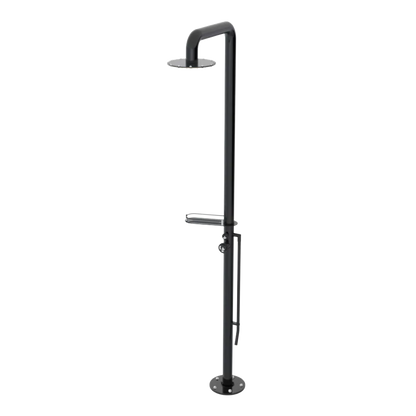 Rubinet Pressure Balance Outdoor Shower with Foot Rinse & 10" Shower Head (with shelf) - 304 Stainless Steel Black