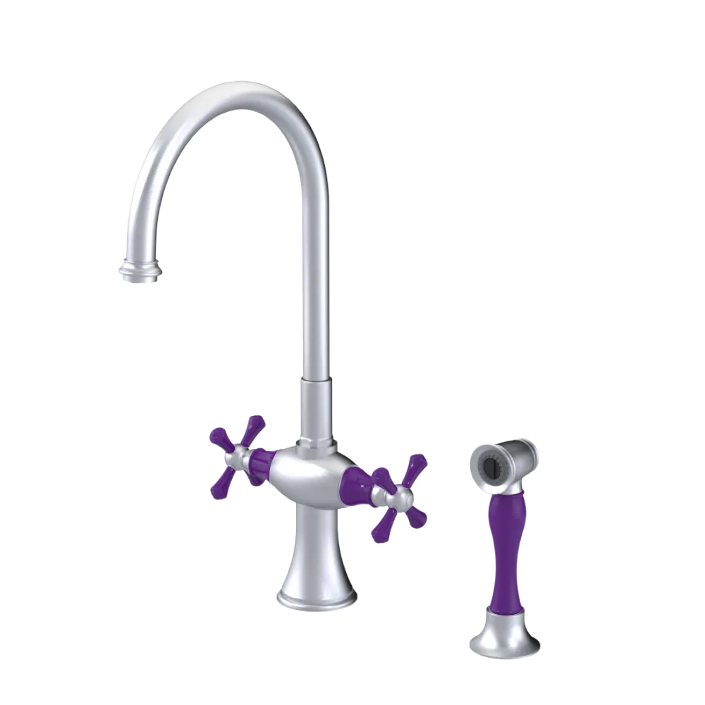Rubinet Two Handle Single Hole Kitchen Set with Hand Spray Satin Chrome