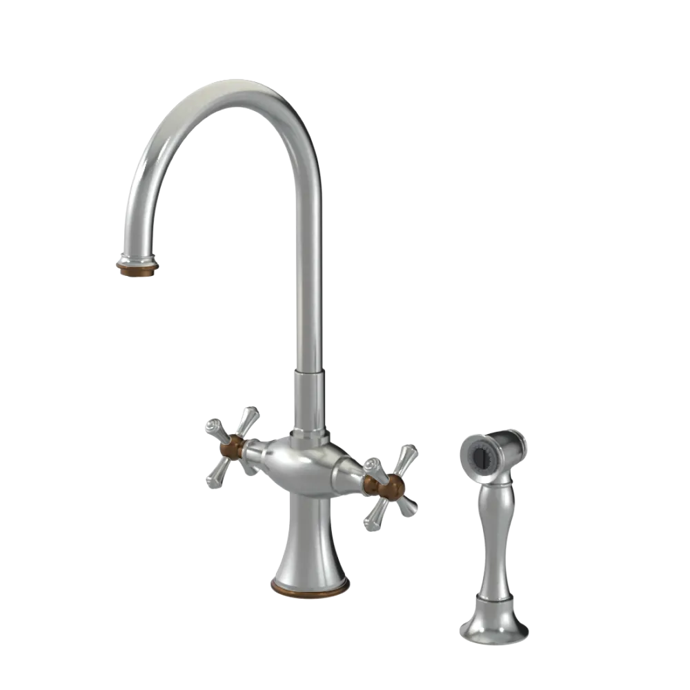 Rubinet Two Handle Single Hole Kitchen Set with Hand Spray Satin Nickel