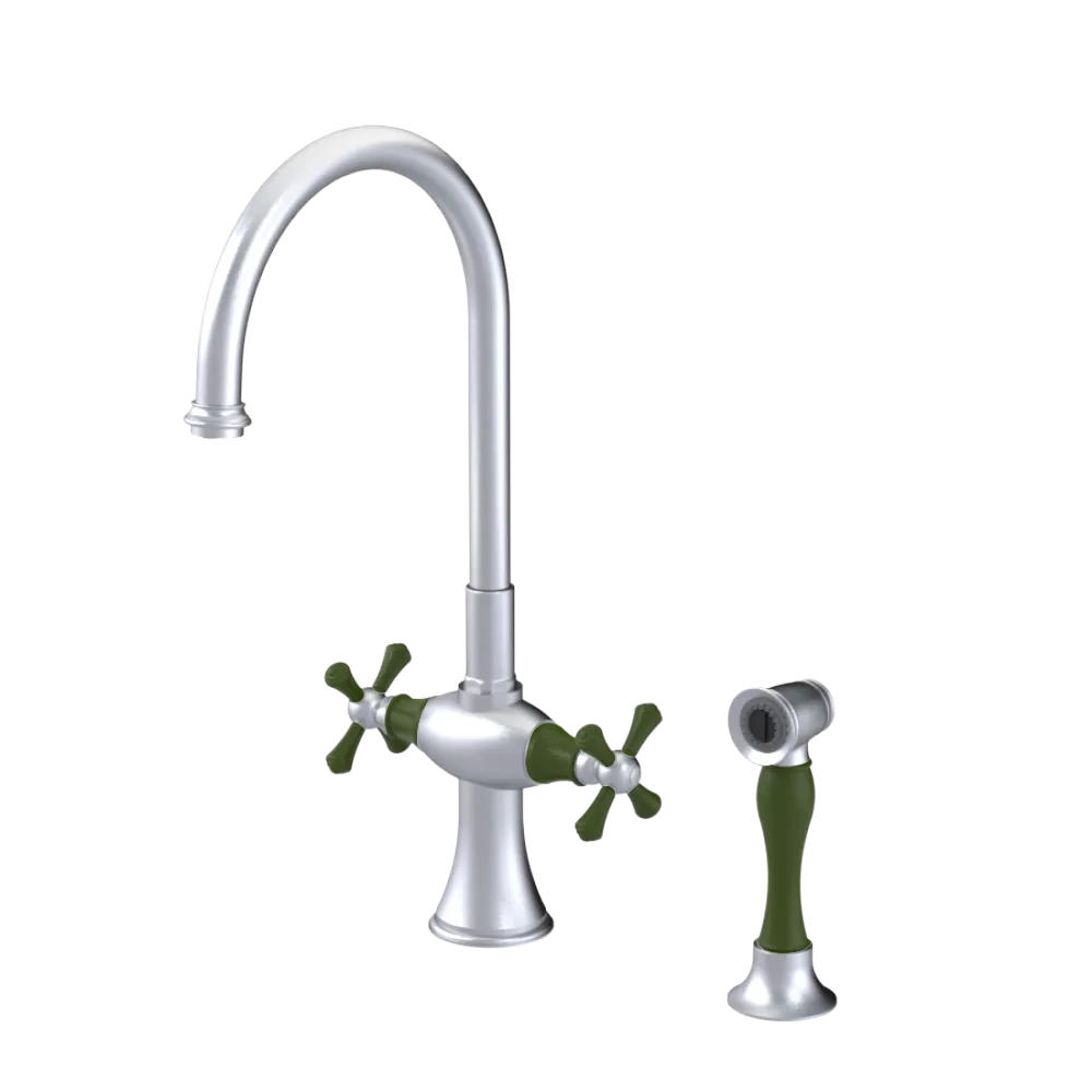 Rubinet Two Handle Single Hole Kitchen Set with Hand Spray Satin Chrome