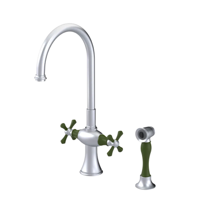Rubinet Two Handle Single Hole Kitchen Set with Hand Spray Satin Chrome