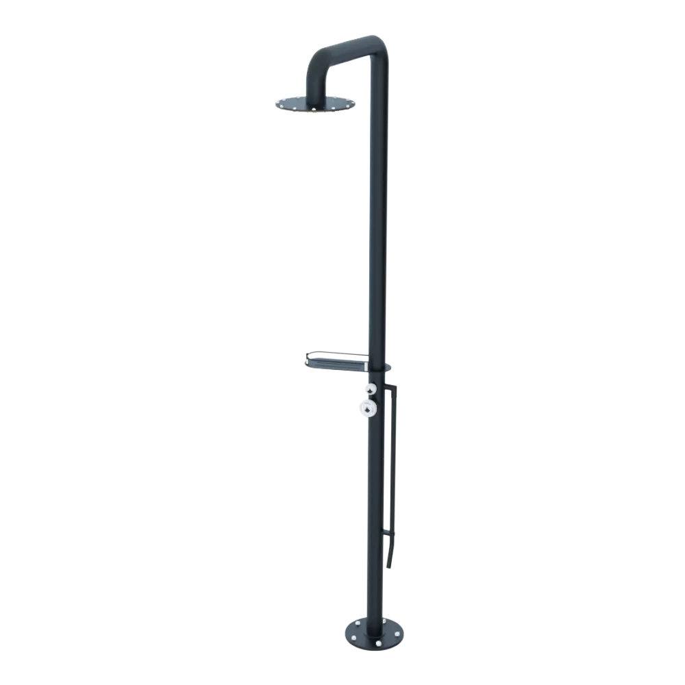 Rubinet Pressure Balance Outdoor Shower with Foot Rinse & 10" Shower Head (with shelf) - 304 Stainless Steel Matt Black