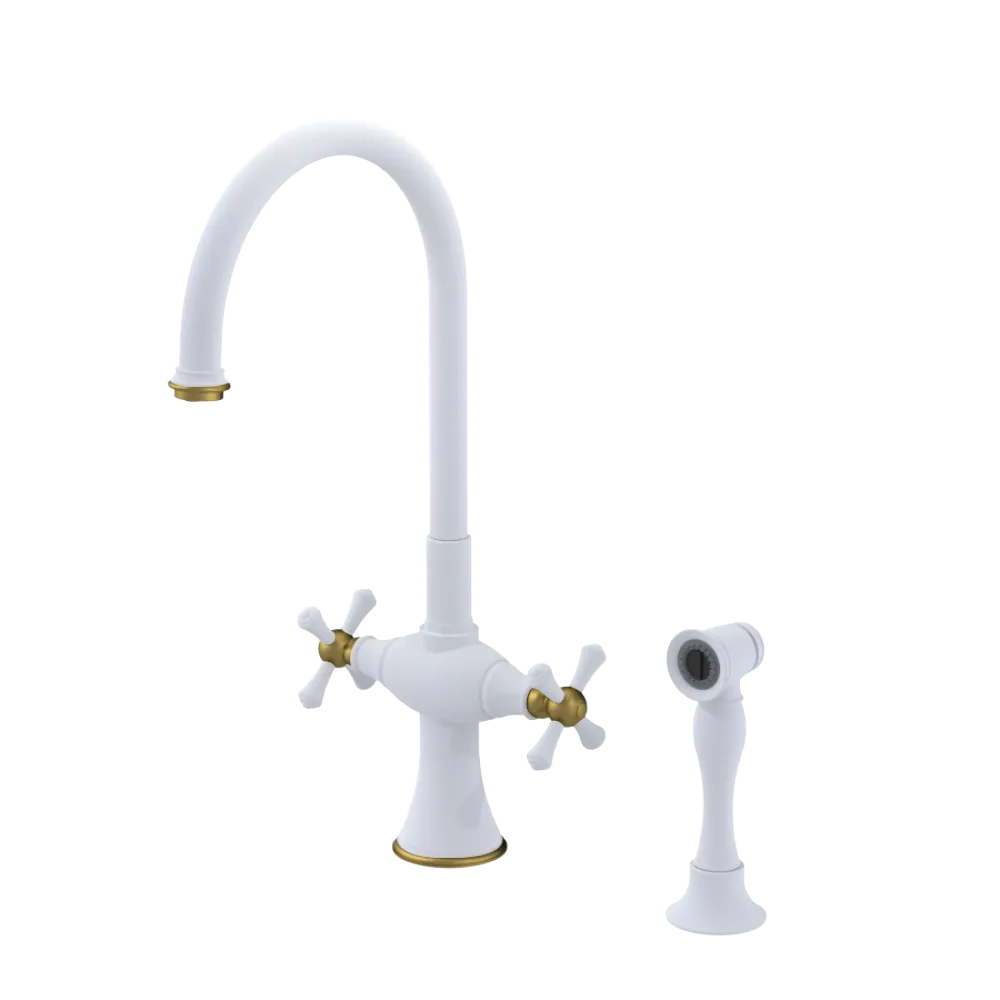 Rubinet Two Handle Single Hole Kitchen Set with Hand Spray Matt White