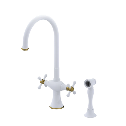 Rubinet Two Handle Single Hole Kitchen Set with Hand Spray Matt White