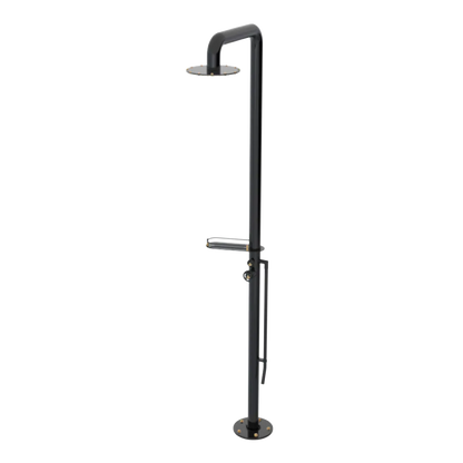 Rubinet Pressure Balance Outdoor Shower with Foot Rinse & 10" Shower Head (with shelf) - 304 Stainless Steel Black