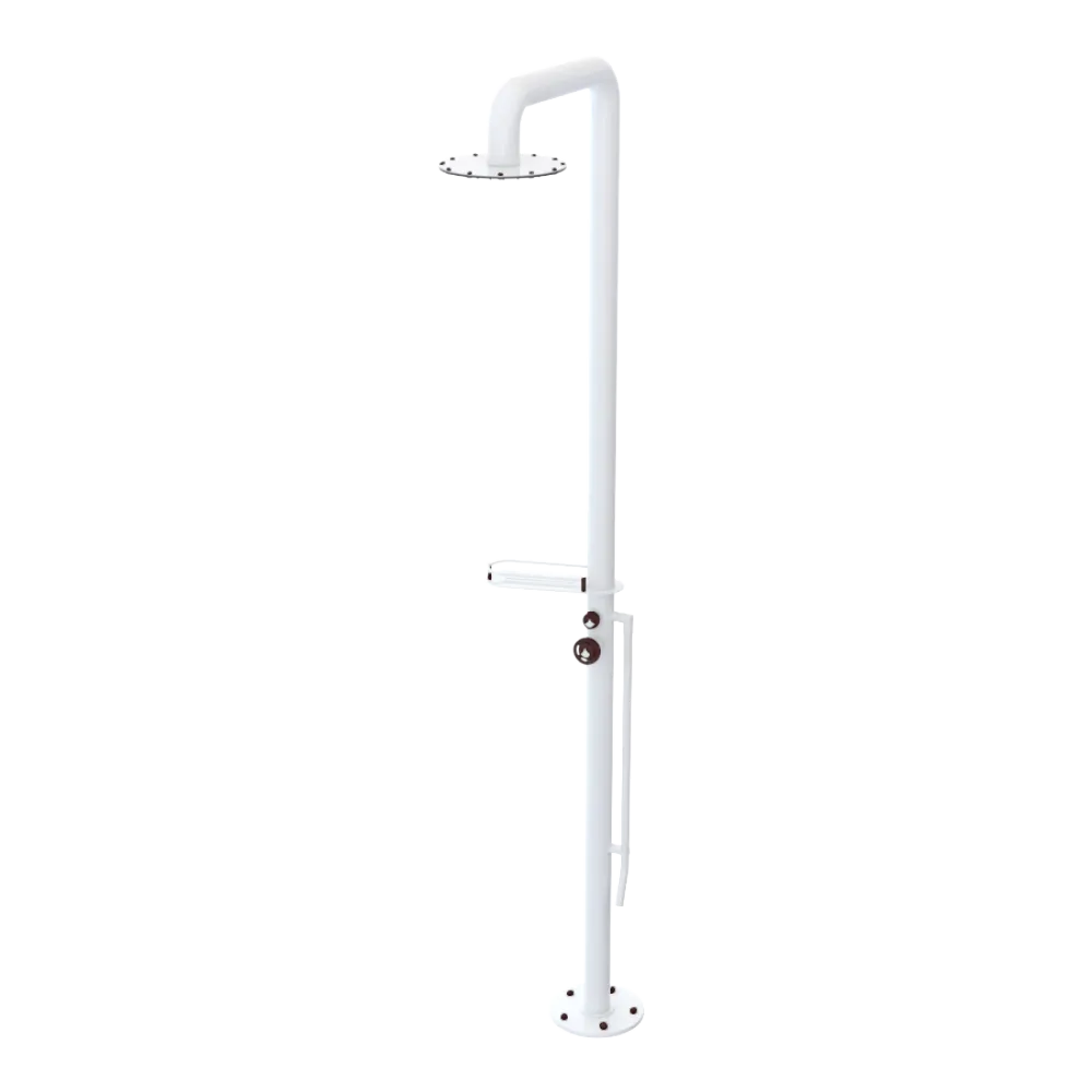 Rubinet Pressure Balance Outdoor Shower with Foot Rinse & 10" Shower Head (with shelf) - 304 Stainless Steel White
