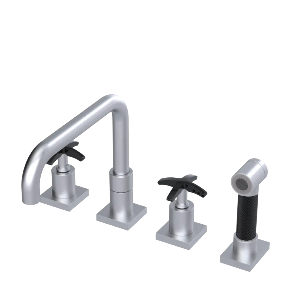 Rubinet Widespread Kitchen Set with Genesis Spout with Hand Spray Satin Chrome