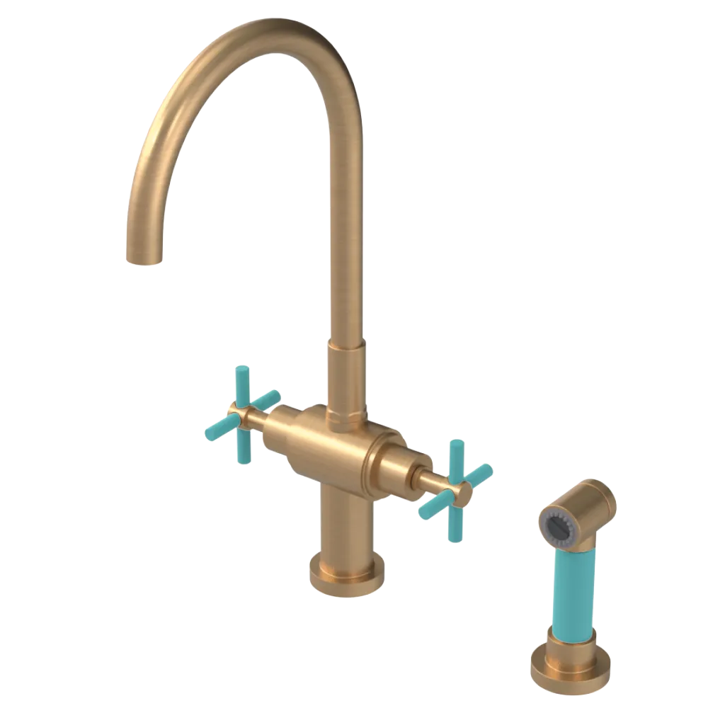 Rubinet Two Handle Single Hole Kitchen Set with LaSalle Spout with Hand Spray Satin Gold